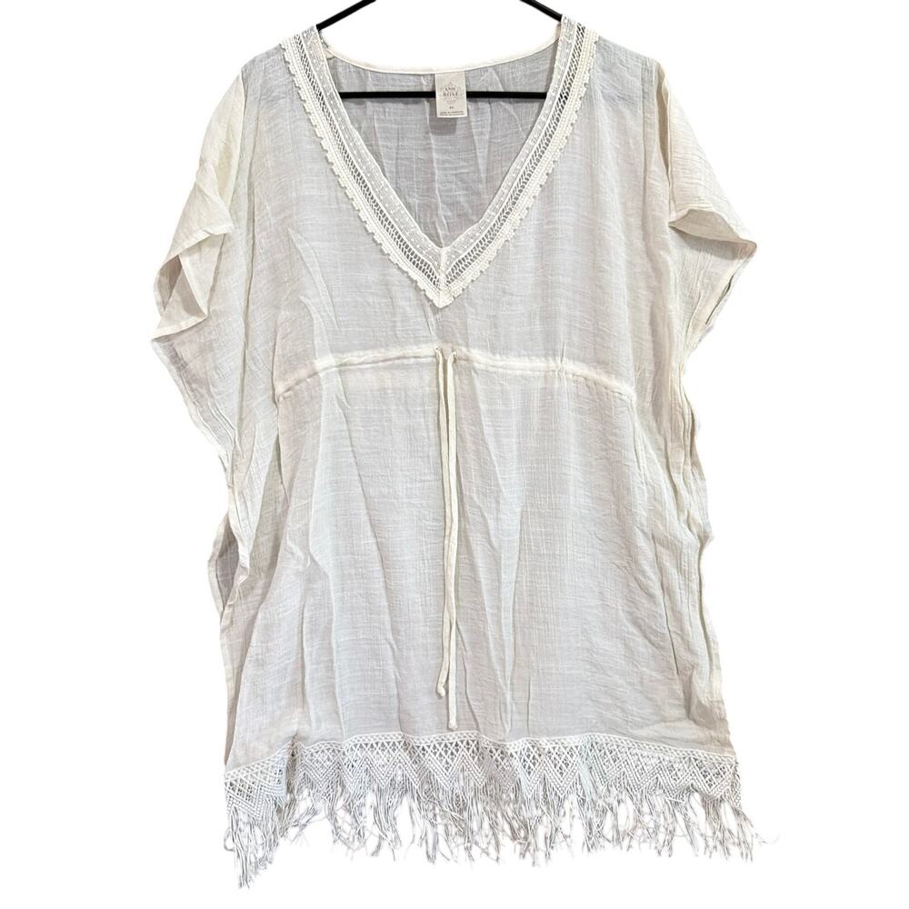 Knox Rose Womens Cover Up Cream Poncho Shawl Sheer V Neck Fringe Boho XS